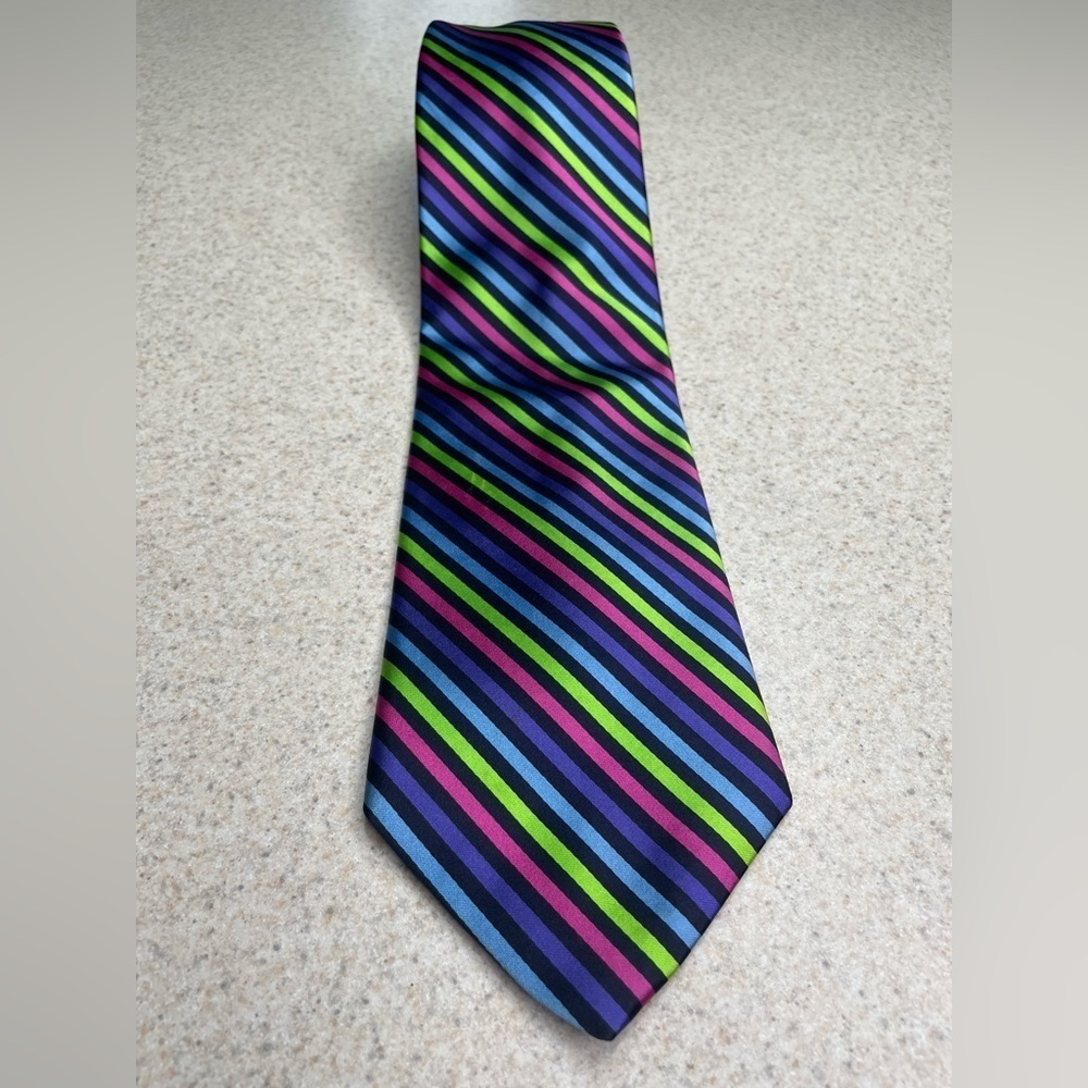Dion Italian Silk Luxury Tie Purple Green Pink Blue Stripes 58”